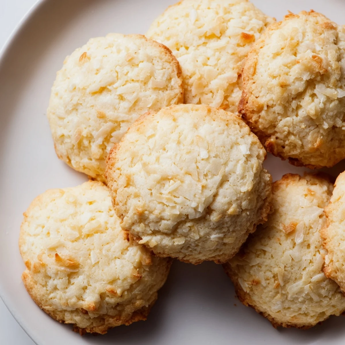 Soft and buttery coconut cookies with golden edges cooling on a wire rack