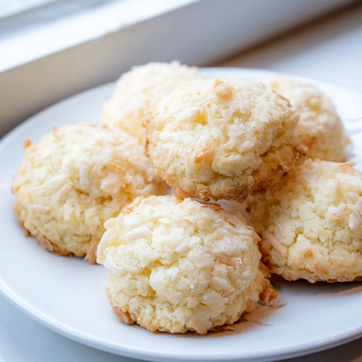 Soft and buttery coconut cookies with chewy coconut centers fresh from the oven