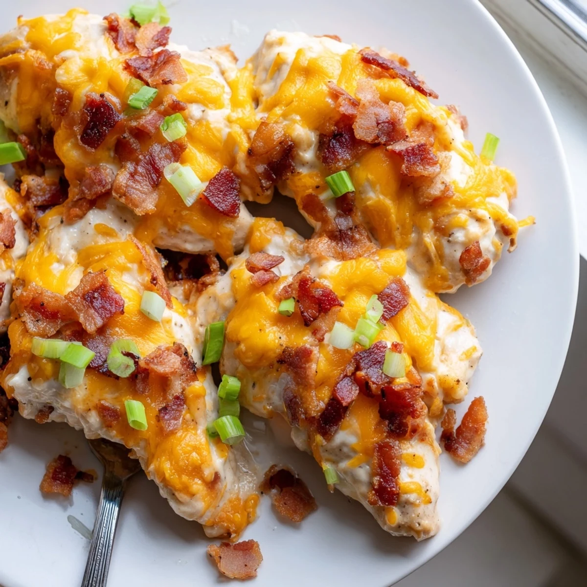 Golden baked crack chicken with melted cheddar, crispy bacon, and fresh green onions