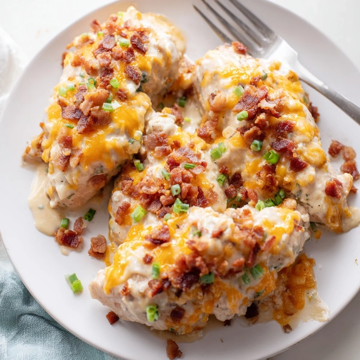Creamy baked crack chicken bubbling in a rich ranch cheese sauce with bacon topping