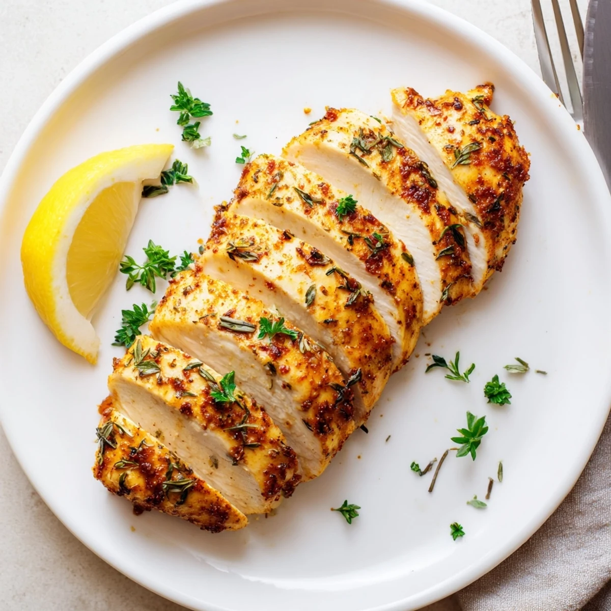 Juicy oven baked chicken breasts sliced open showing tender seasoned meat inside