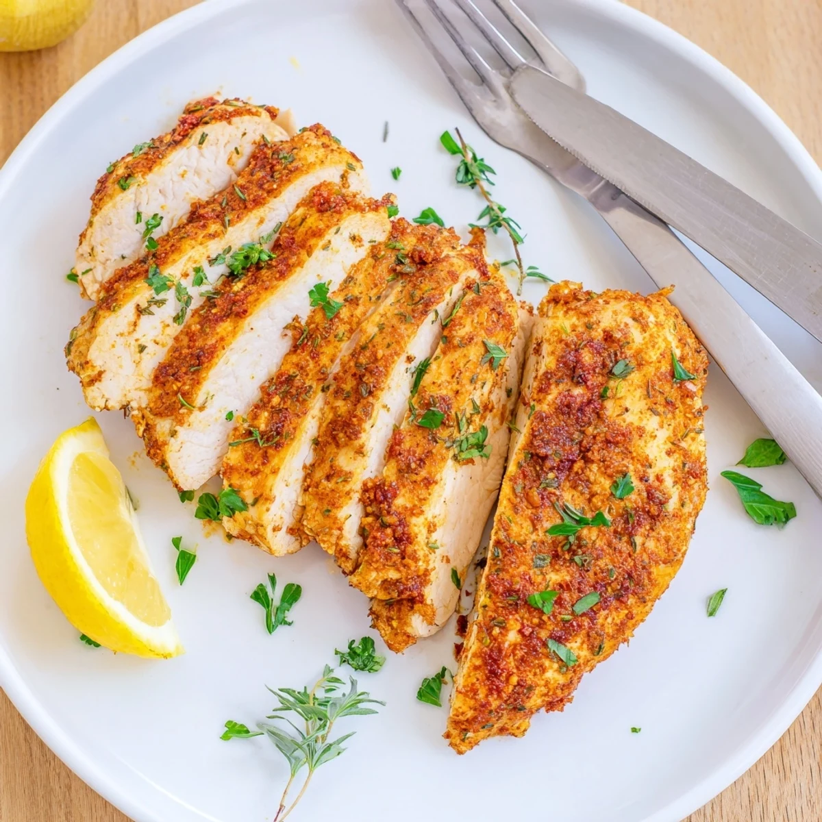 Perfectly cooked oven baked chicken breasts garnished with fresh parsley and lemon wedges