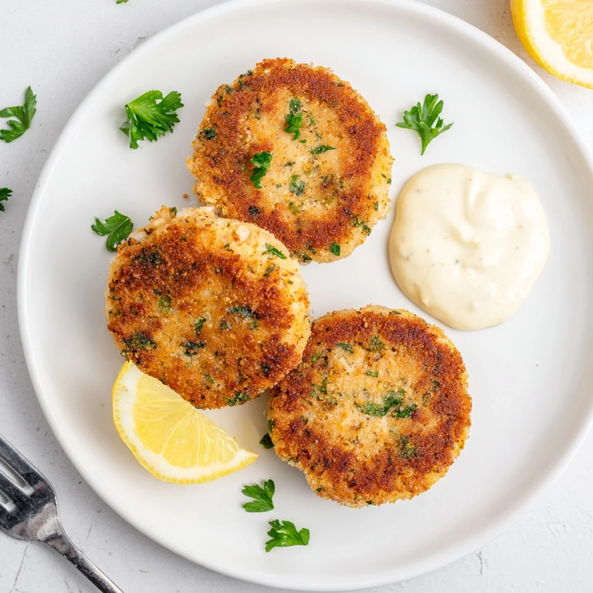 Crispy lemon garlic Alaska salmon cakes with vibrant herbs served alongside tangy garlic aioli dipping sauce