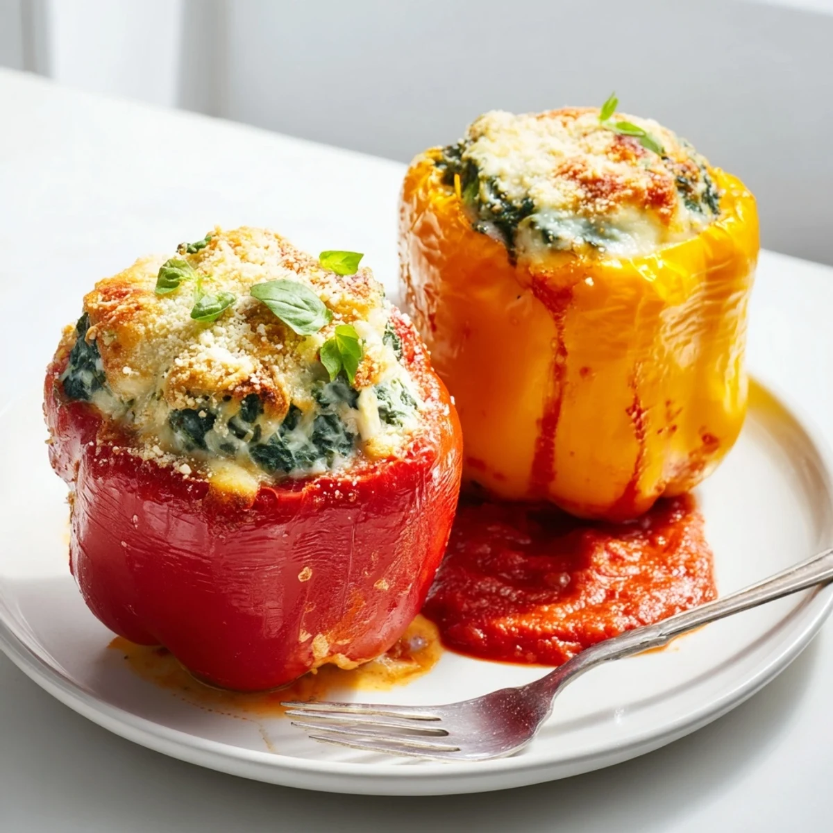 Golden baked ricotta stuffed peppers with melted mozzarella and fresh tomato sauce