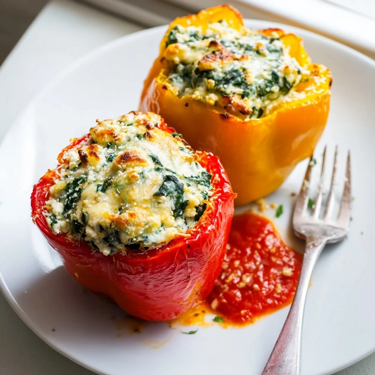 Tender roasted ricotta stuffed peppers bubbling with cheesy spinach filling straight from the oven
