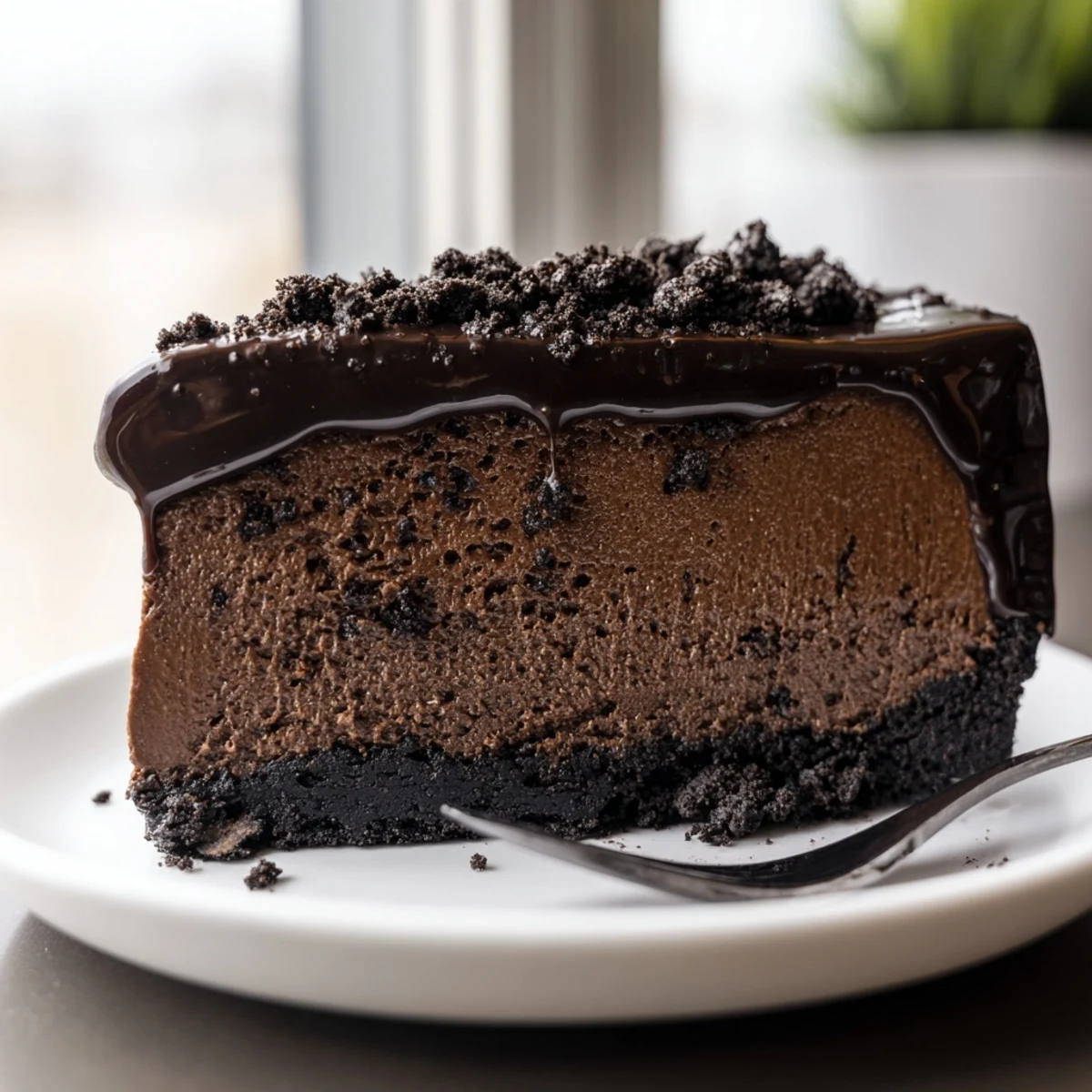 Creamy Oreo chocolate cheesecake with glossy ganache and cookie crust slice