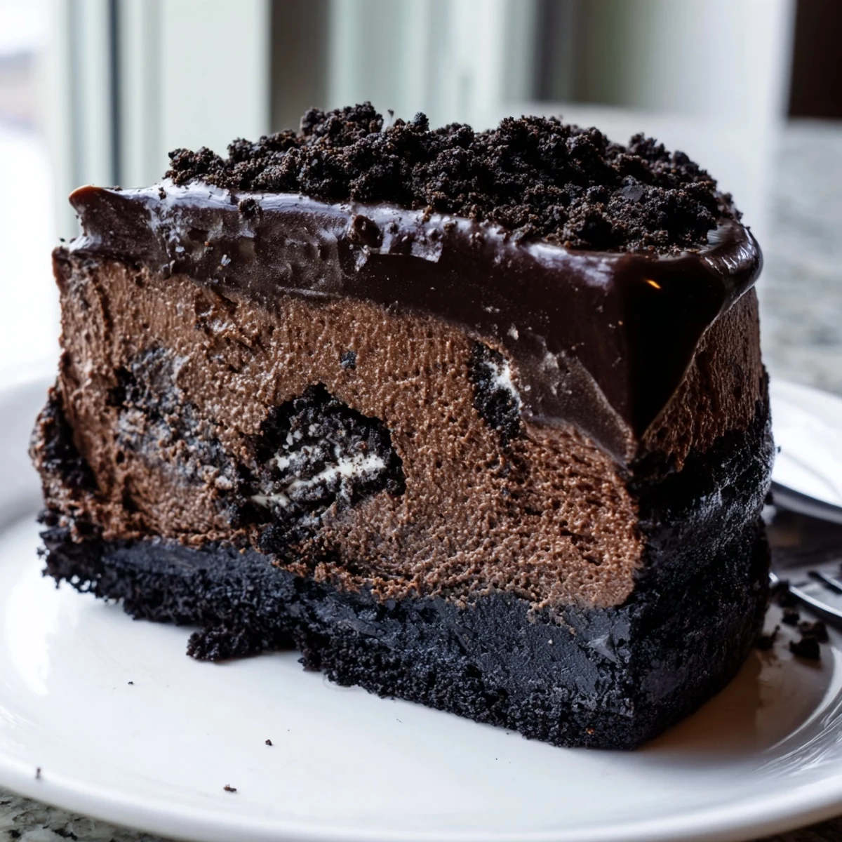 Rich Oreo chocolate cheesecake topped with dark ganache and crushed cookies