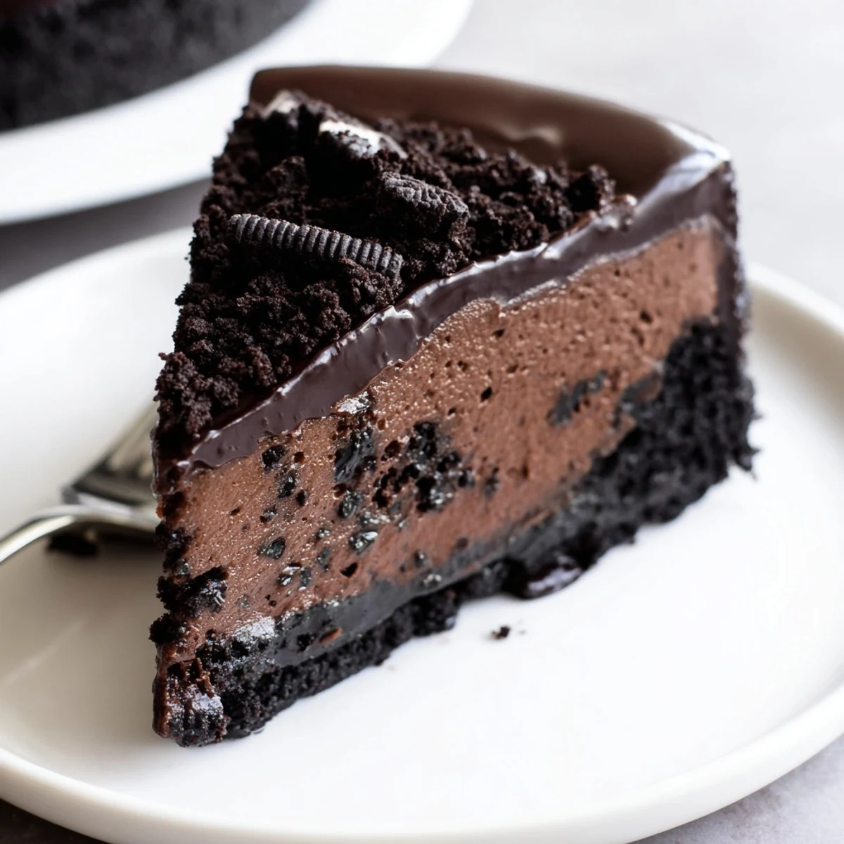 Decadent Oreo chocolate cheesecake slice drizzled with smooth ganache on a plate