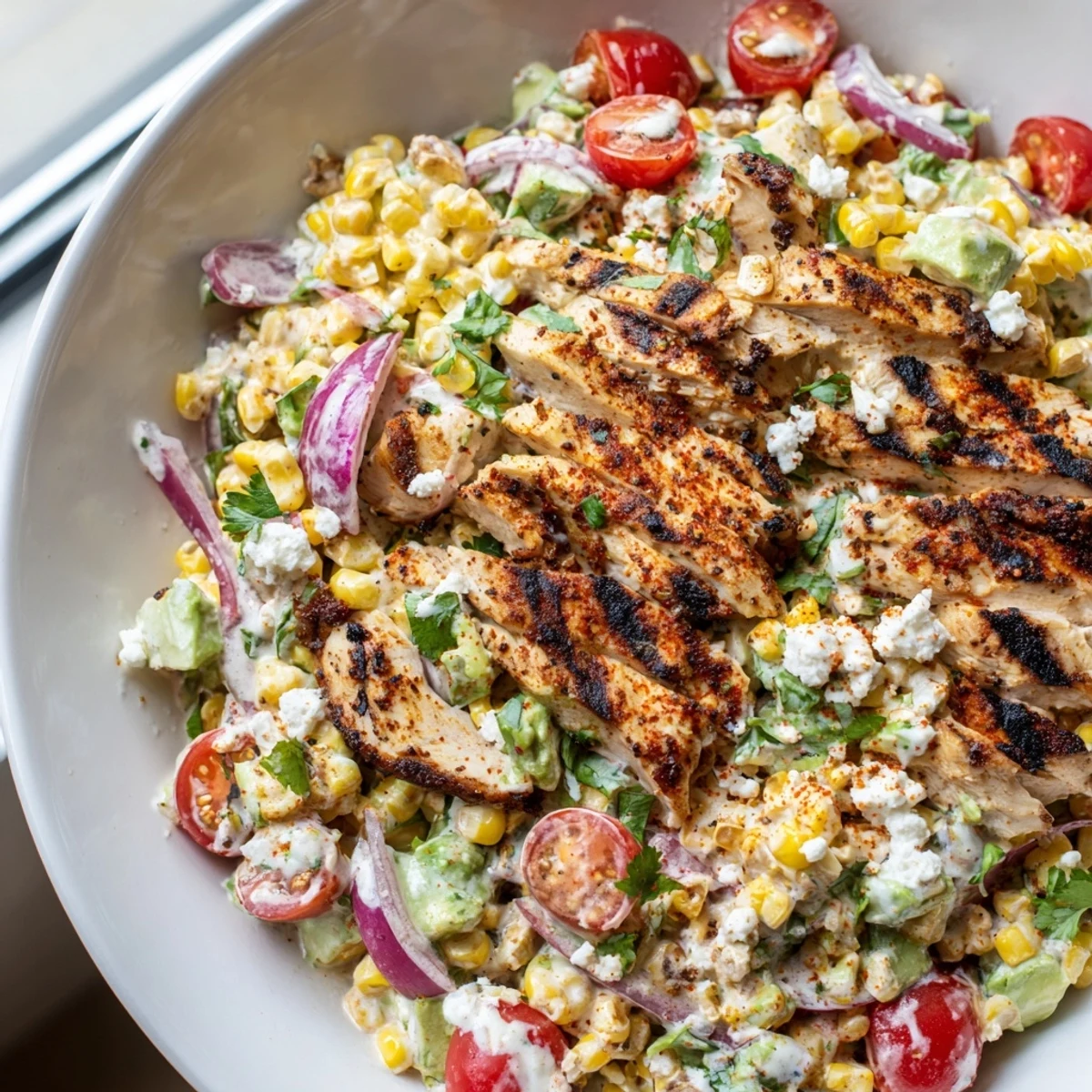 Creamy high protein chicken street corn salad topped with crumbled cotija cheese and cilantro