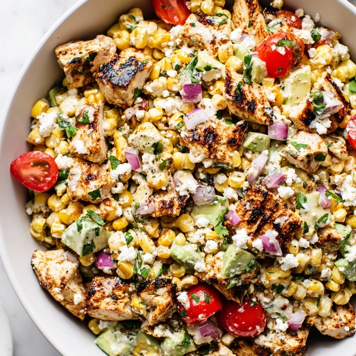 Vibrant high protein chicken street corn salad in a bowl with tangy lime dressing