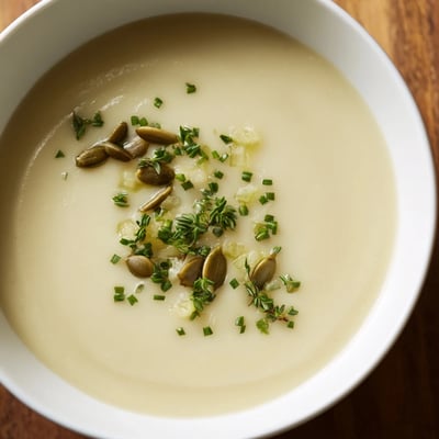 A close-up shot of the velvety, smooth Creamy Parsnip and Apple Soup, ready to eat.