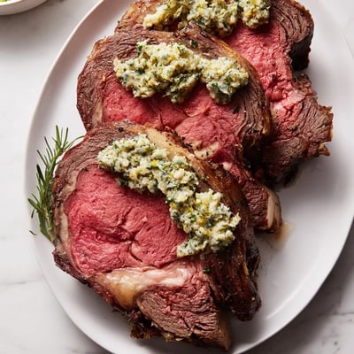 Tender slices of Garlic Herb Roasted Prime Rib glistening on a platter, ready for a special meal.