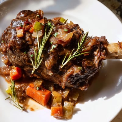 Savory braised lamb shanks with rosemary, glistening on a plate, offering a taste of the Mediterranean.