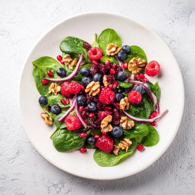 Tender spinach and juicy berries star in this refreshing Winter Berry and Spinach Salad, tossed with crunchy nuts.