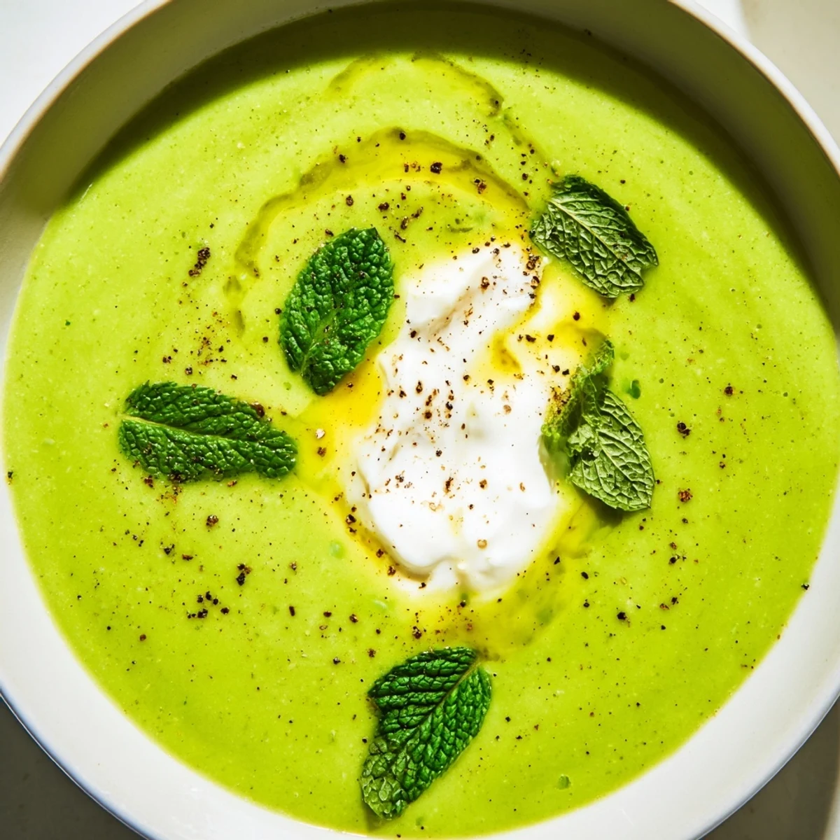 A vibrant green bowl of Creamy Spring Pea and Mint Soup with Crème Fraîche garnished with fresh mint and black pepper.