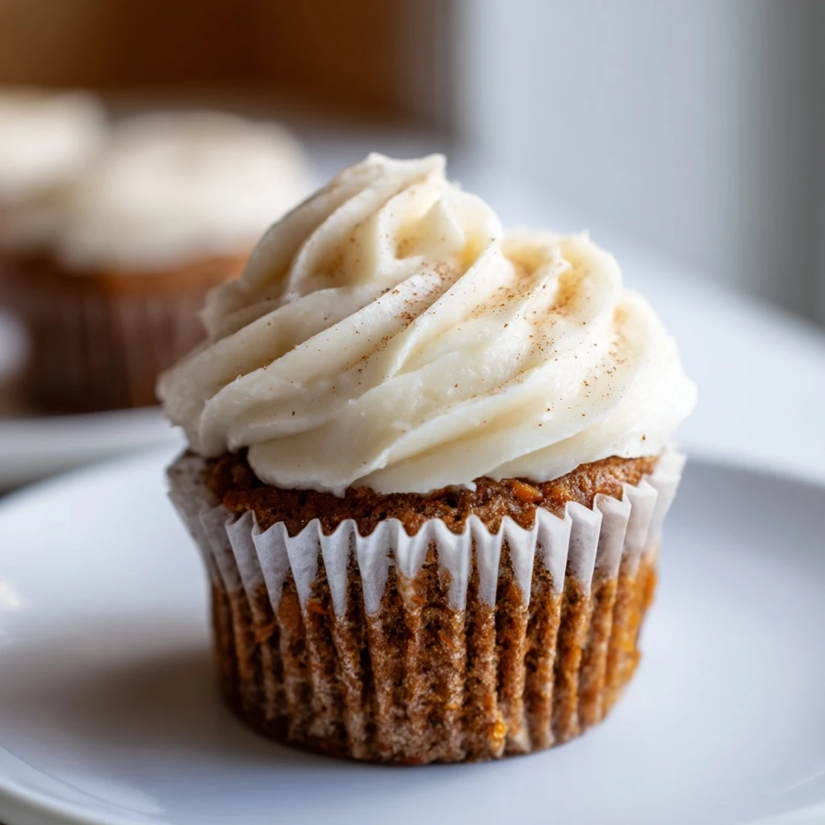 Homemade carrot cake cupcakes with cream cheese frosting, featuring fluffy yellow frosting and a sprinkle of cinnamon on each cupcake.