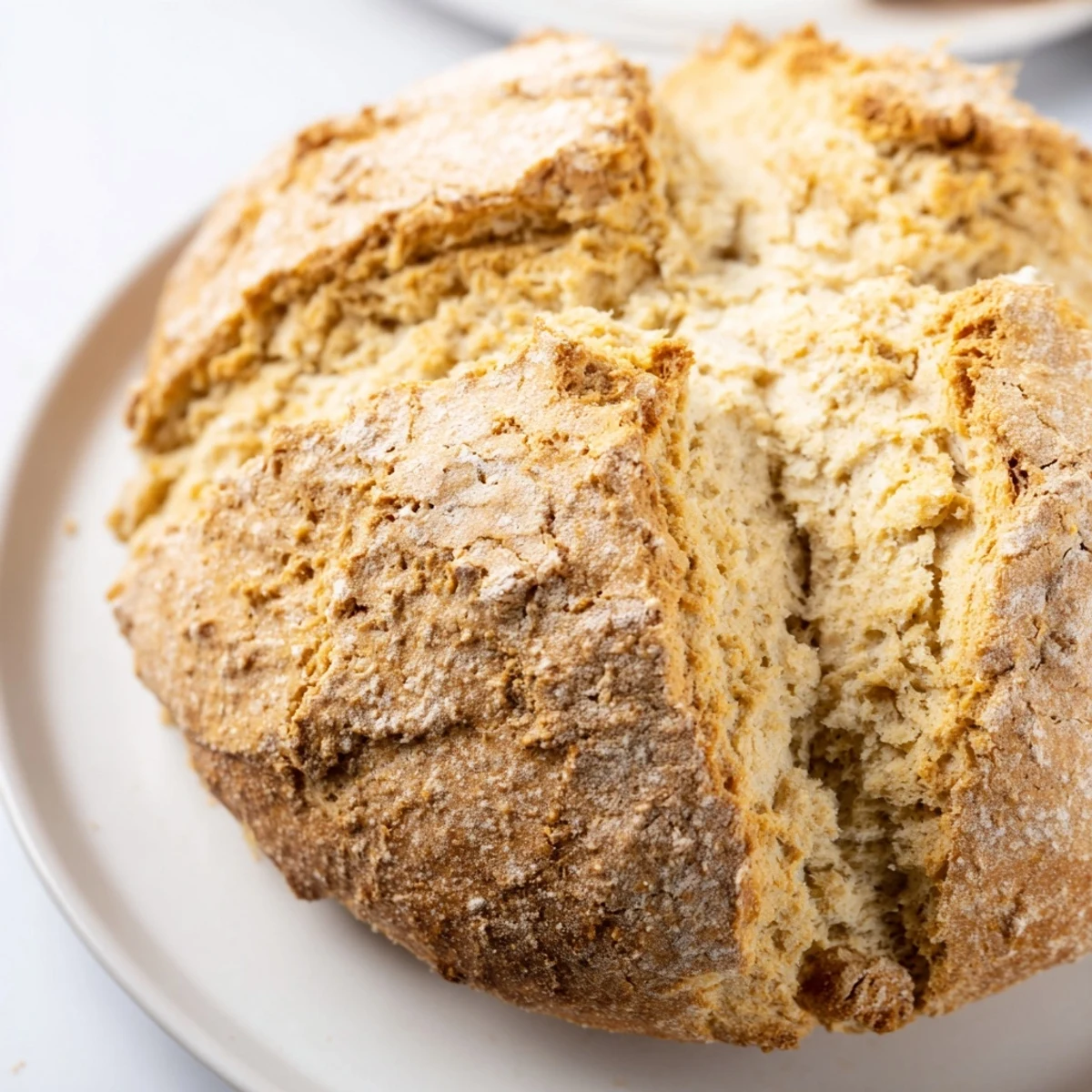 Warm Authentic 4-Ingredient Irish Soda Bread loaf sliced, revealing a tender crumb next to butter.