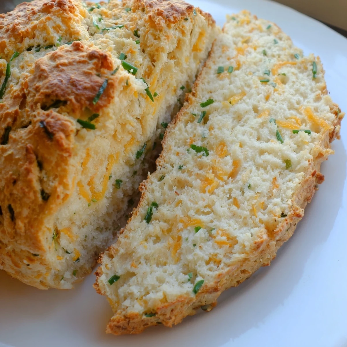Freshly baked Savory Cheddar & Chive Irish Soda Bread loaf with a moist, tender crumb and sharp cheddar chunks visible inside.