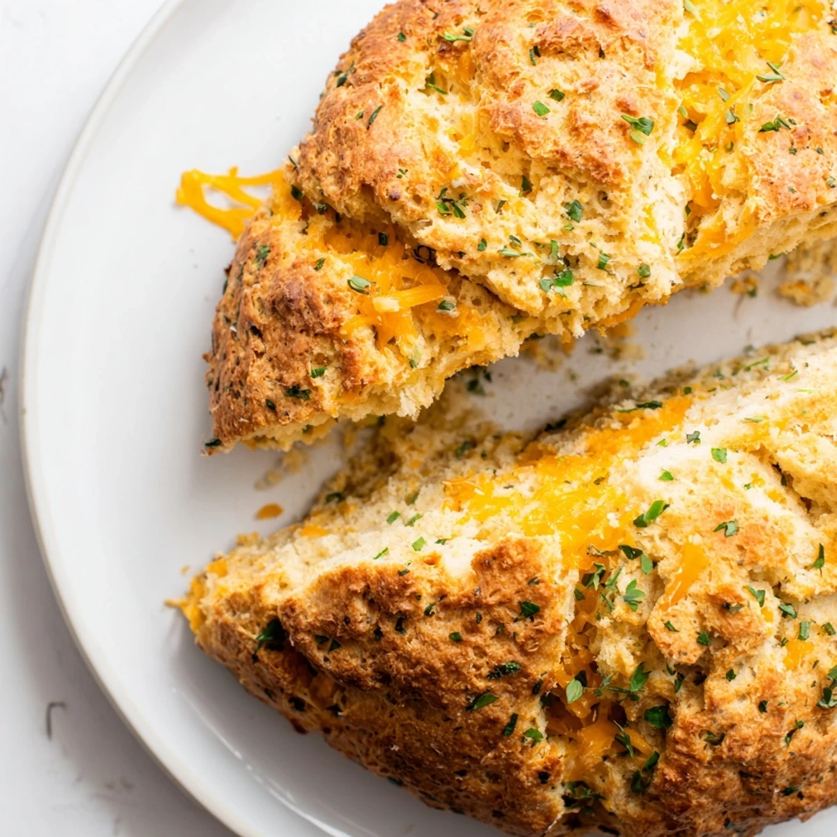 Sliced Savory Herbed Cheddar Irish Soda Bread revealing a tender, cheesy interior, perfect alongside a steaming bowl of hearty vegetable soup.