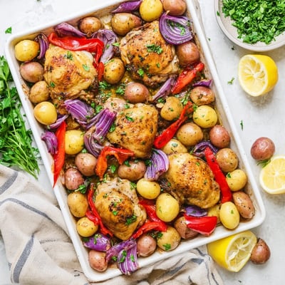 Succulent chicken thighs nestled among crispy baby potatoes and bell peppers in this easy one-pan dinner