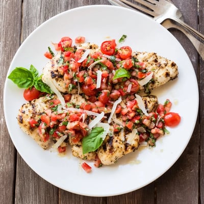 Juicy chicken breast piled high with vibrant tomato basil bruschetta mixture and Parmesan