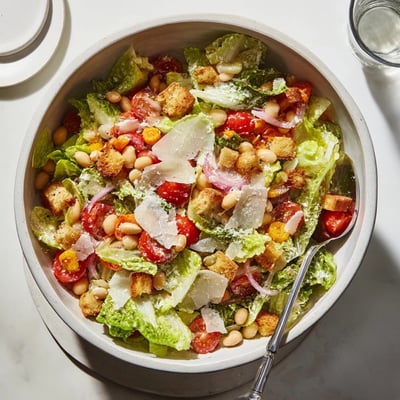 Protein-rich butter bean Caesar salad topped with shaved Parmesan and tangy dressing in a vibrant green bowl