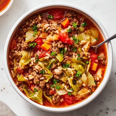 Hearty unstuffed cabbage roll soup featuring tender beef cabbage and rice in rich tomato broth