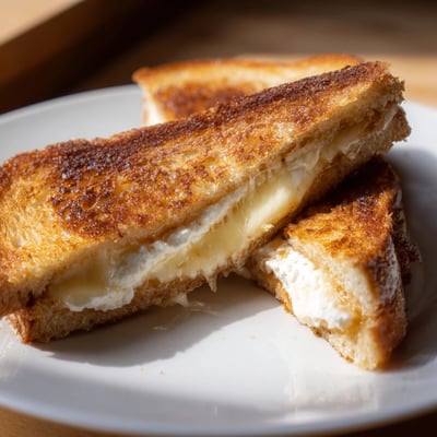 Gourmet goat cheese honey grilled cheese toasted to crispy perfection with sweet honey drizzle visible