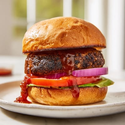Grilled coffee rub burgers dripping with rich homemade smoky BBQ sauce