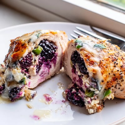 Bisected blackberry jalapeno stuffed chicken revealing creamy goat cheese and jewel-toned berry filling