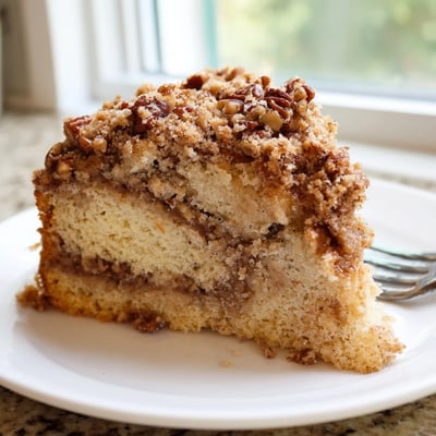 Warm slice of Cinnamon Pecan Crunch Coffee Cake topped with toasted pecan crumbs