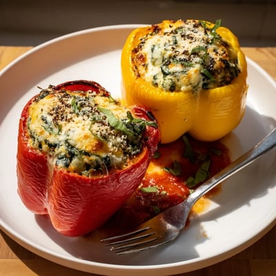 Creamy ricotta stuffed peppers garnished with basil and served on a rustic plate
