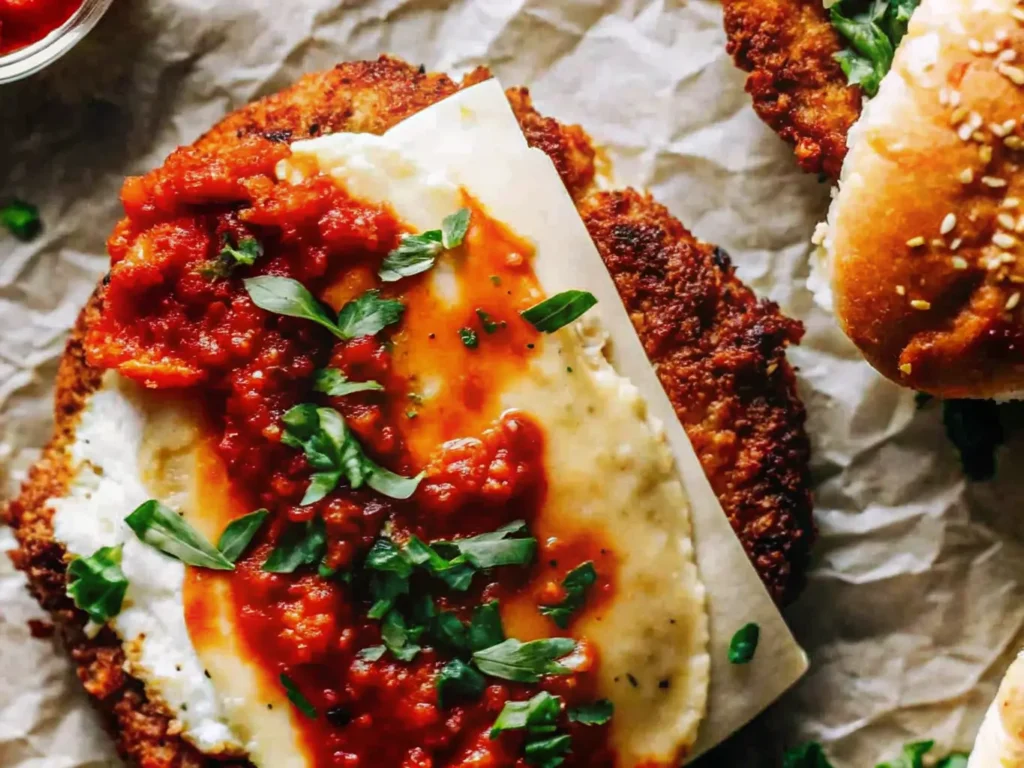 Chicken parm sandwich being assembled with marinara sauce, melted cheese, and fresh basil.