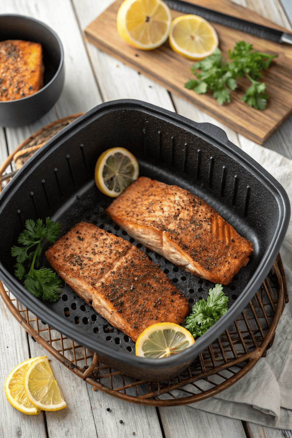 Blackened salmon fillets in air fryer basket with lemon wedges