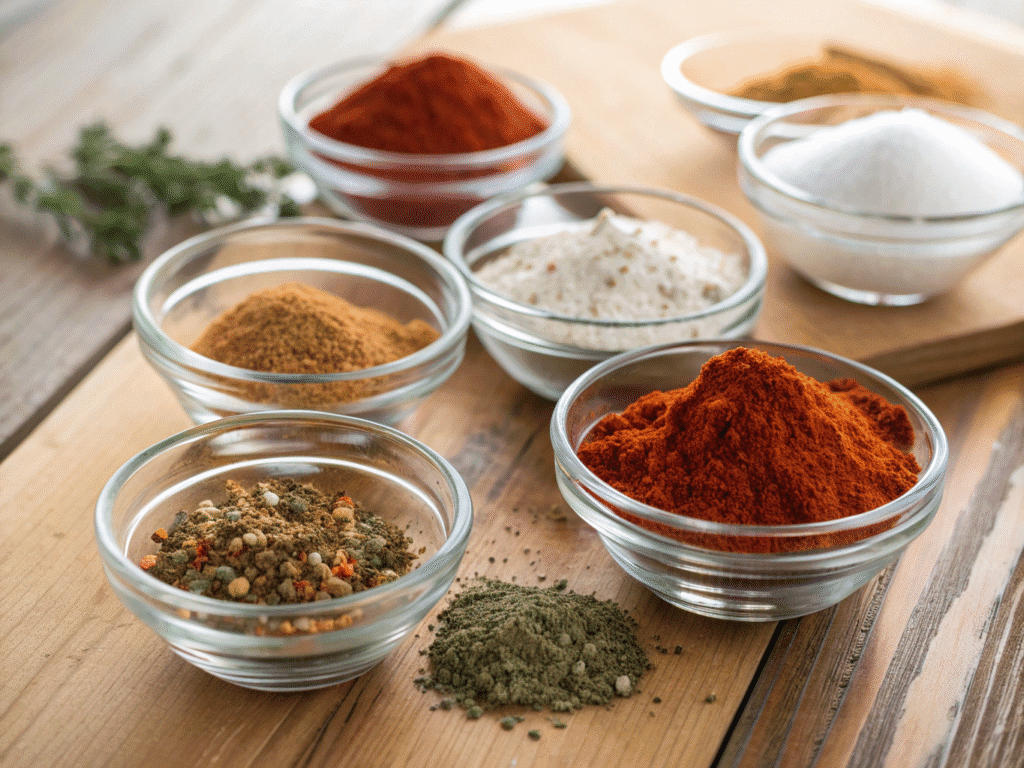Ingredients for blackened seasoning in small bowls on table