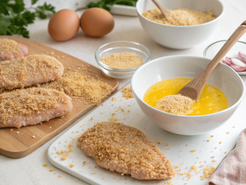 Coating chicken cutlet in breadcrumbs