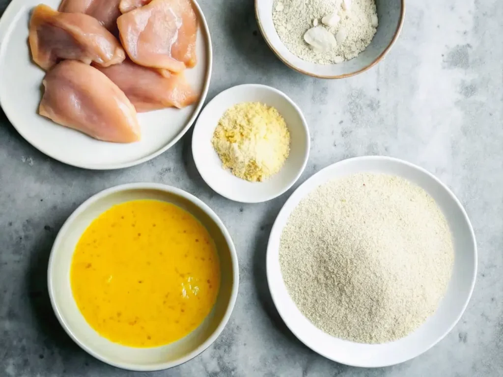 Ingredients for chicken parm sandwich including raw chicken cutlets, flour, breadcrumbs, parmesan, and egg wash.
