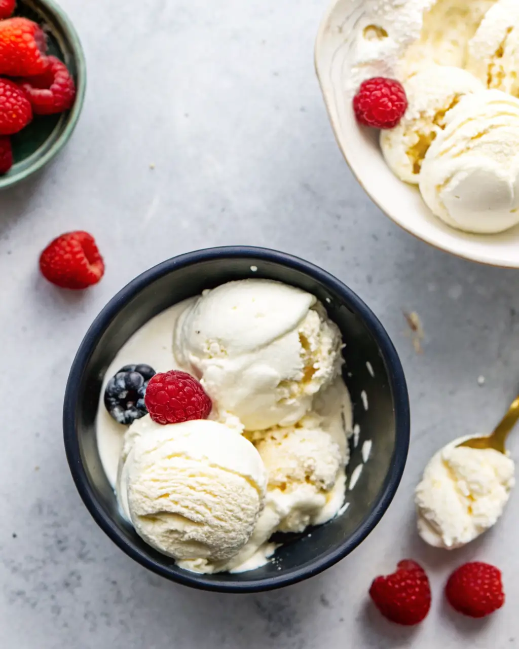 Bowl of keto vanilla ice cream with berries