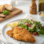 Crispy chicken cutlet in air fryer served with fresh salad