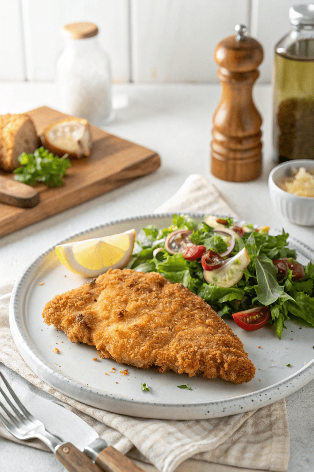 Crispy chicken cutlet in air fryer served with fresh salad
