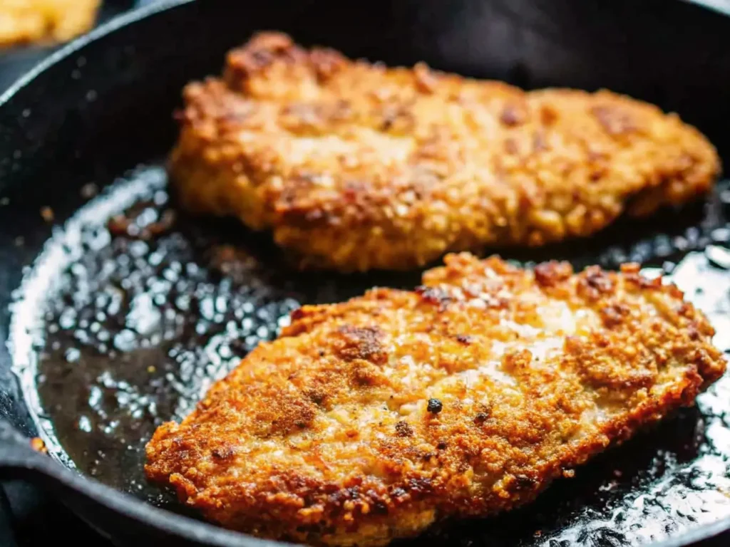 Crispy golden brown chicken cutlets frying in a cast iron skillet for chicken parm sandwich.
