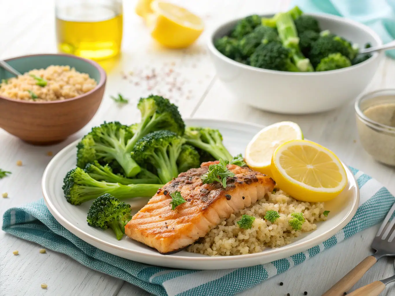 Healthy 15-minute dinner of grilled salmon, quinoa, and broccoli