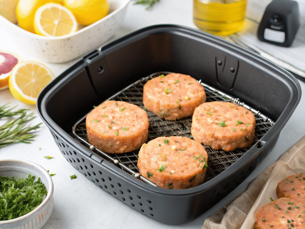 Raw salmon patties arranged in air fryer basket
