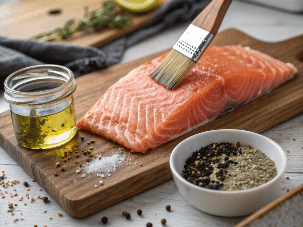 Salmon fillet brushed with oil before seasoning