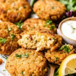 Crispy salmon patties on a plate with lemon wedges and parsley