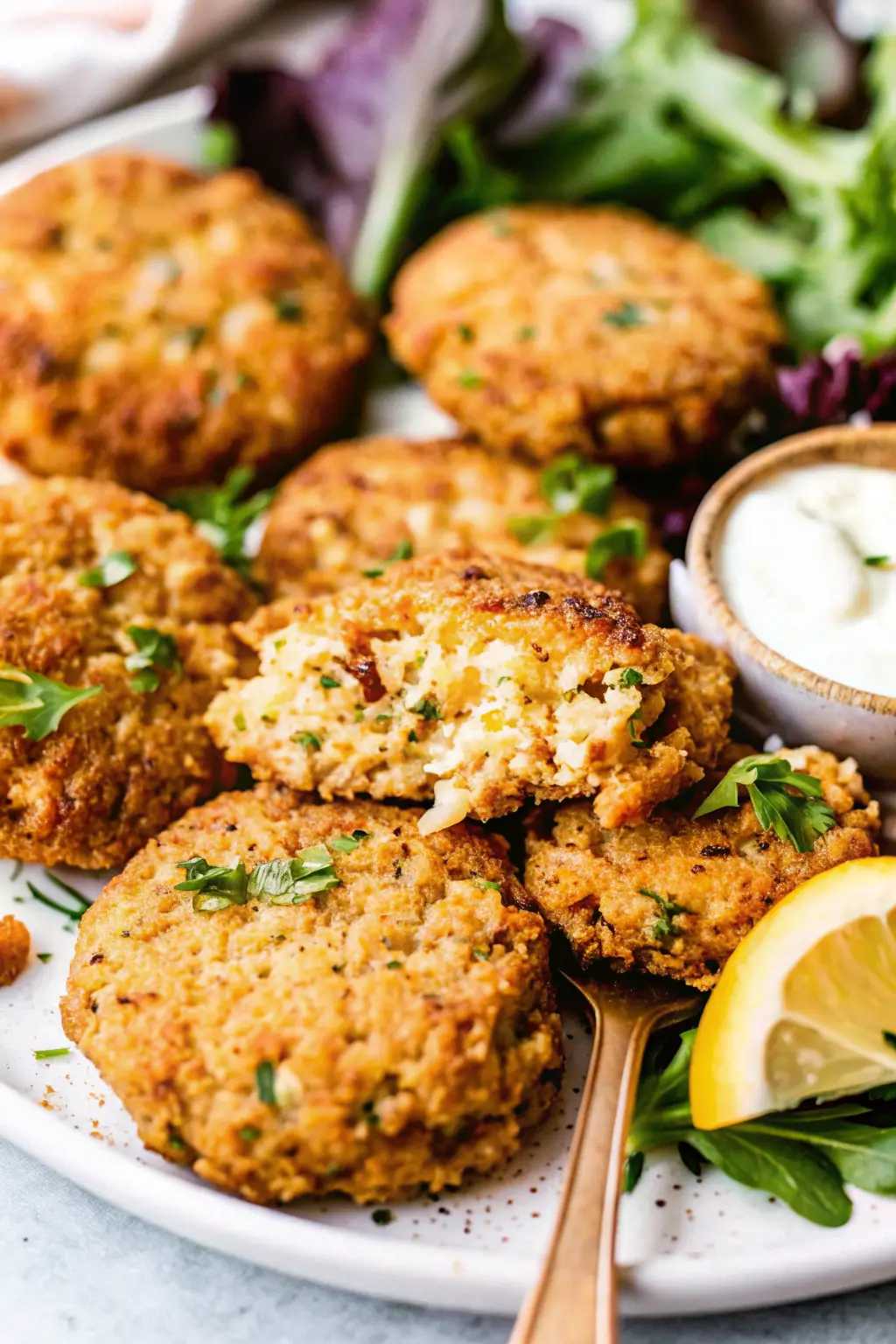 Crispy salmon patties on a plate with lemon wedges and parsley