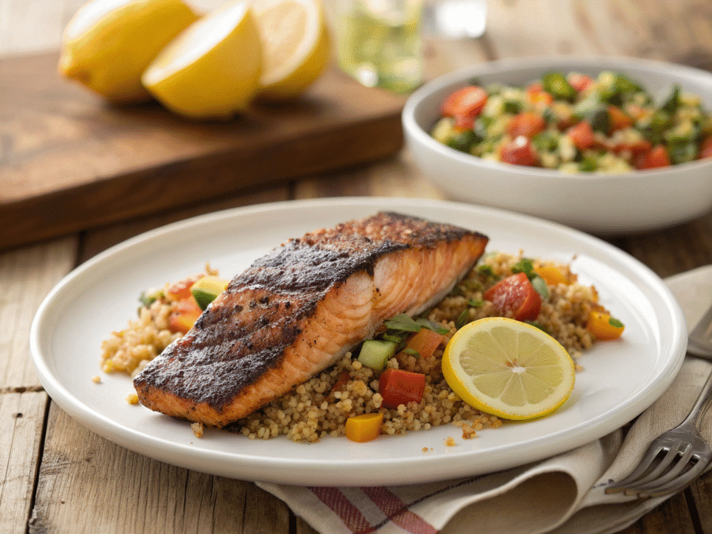 Blackened salmon served with quinoa salad and roasted vegetables