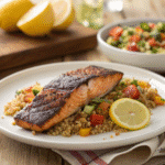 Blackened salmon served with quinoa salad and roasted vegetables