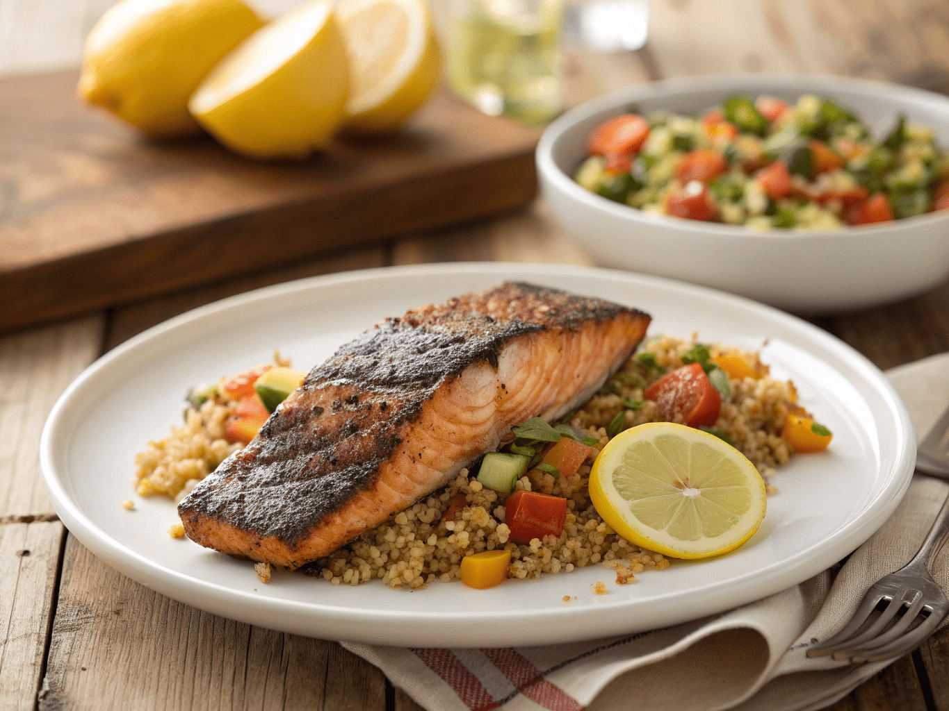 Blackened salmon served with quinoa salad and roasted vegetables