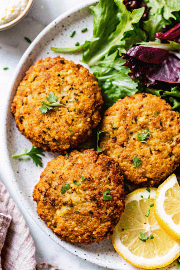 Salmon patties on salad with lemon-dill sauce